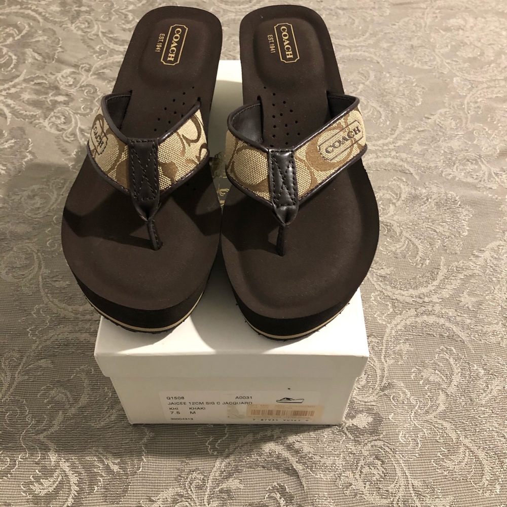 Coach dark brown flip flop sandals 2.5” heel